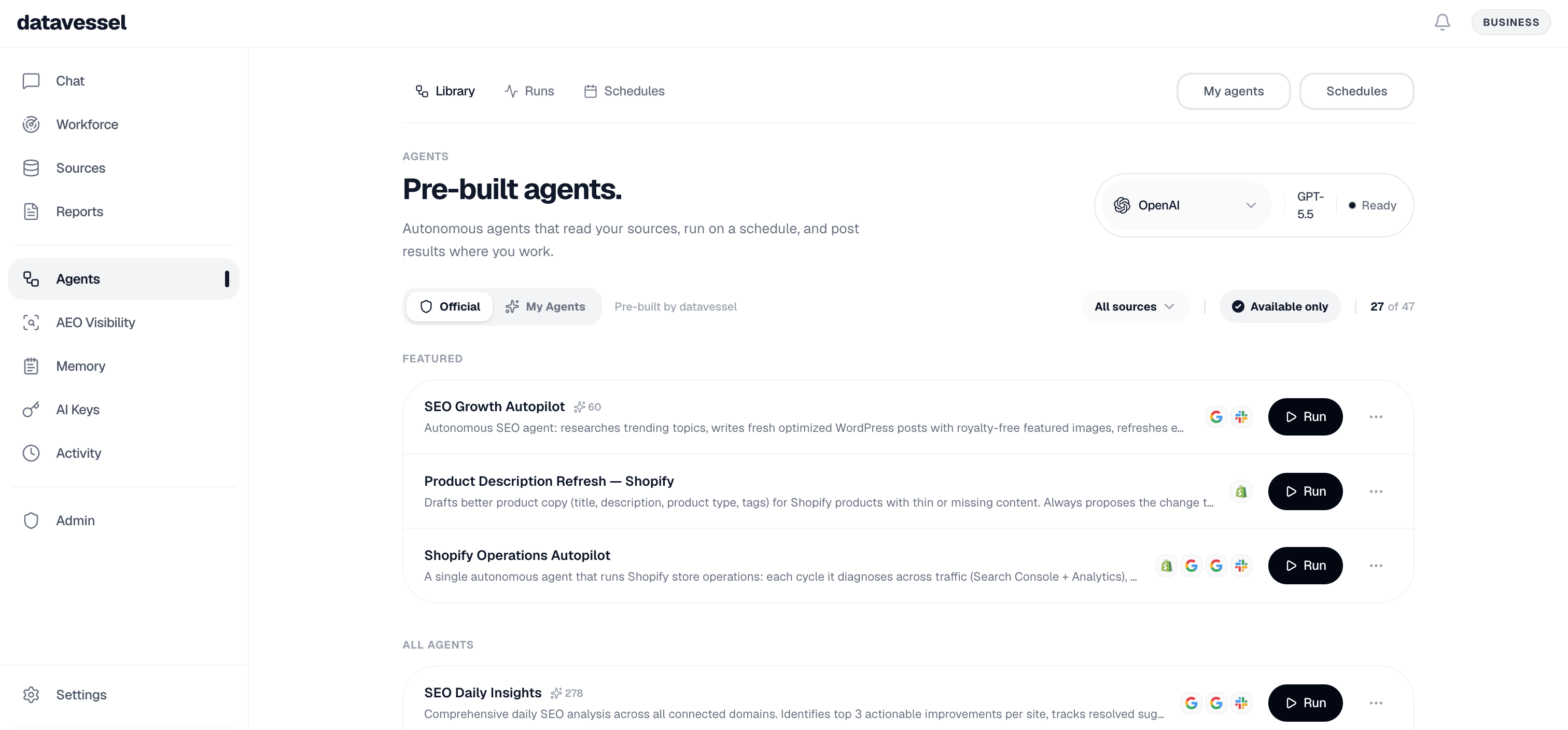 datavessel web app — browsing pre-built agents in the dashboard
